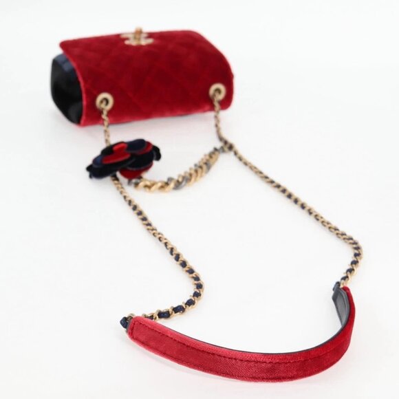 CHANEL Matelasse Camellia Chain Shoulder Bag Velor Red CC Auth KD378SM - Picture 9 of 16